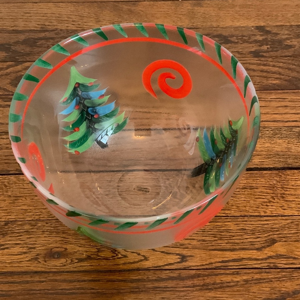 Handcrafted Holiday Glass Bowl with Green and Red Swirls